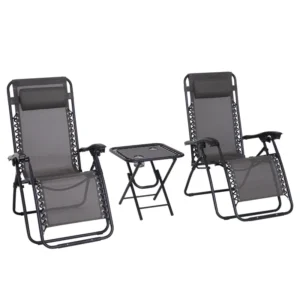 3pcs sun lounger chairs with table, folding zero gravity chairs, w/ cup holders, grey