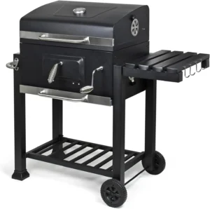 bbq charcoal trolley with wheels, side shelf, grill thermometer, fire damper and height adjustment
