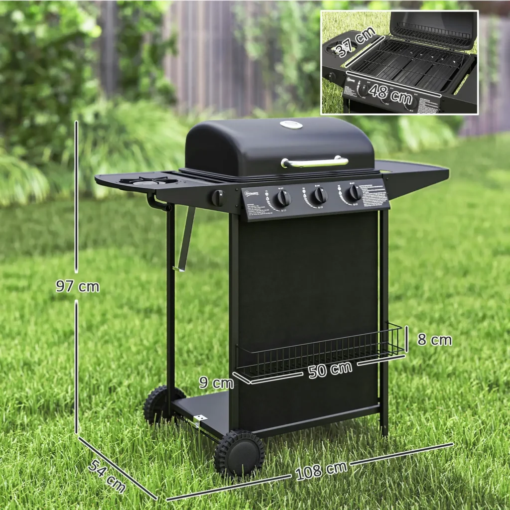 3+1 burner gas bbq grill, portable gas barbecue grill with built in thermometer, lid, side table, shelf, spice rack, wheels, grease cup for garden party outdoor cooking, black