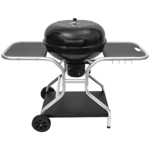 portable charcoal kettle grill outdoor barbecue trolley bbq heat smoker grilling with two wheels, free standing black bbq