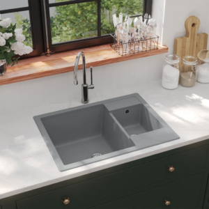 kitchen sink with overflow hole double basins grey