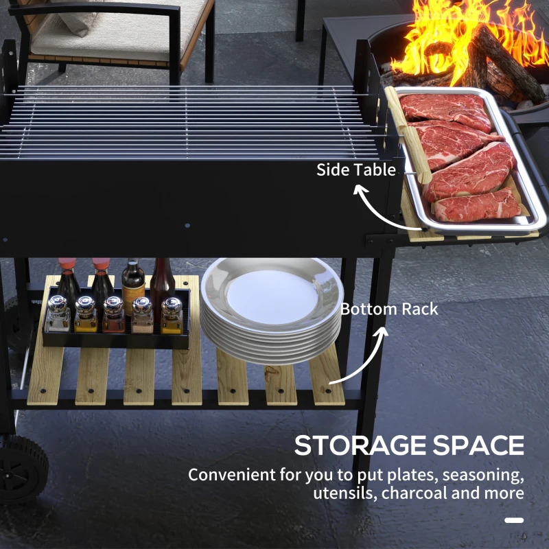 Charcoal BBQ Grill Trolley with Double Grates, Side Table & Wheels - Image 4