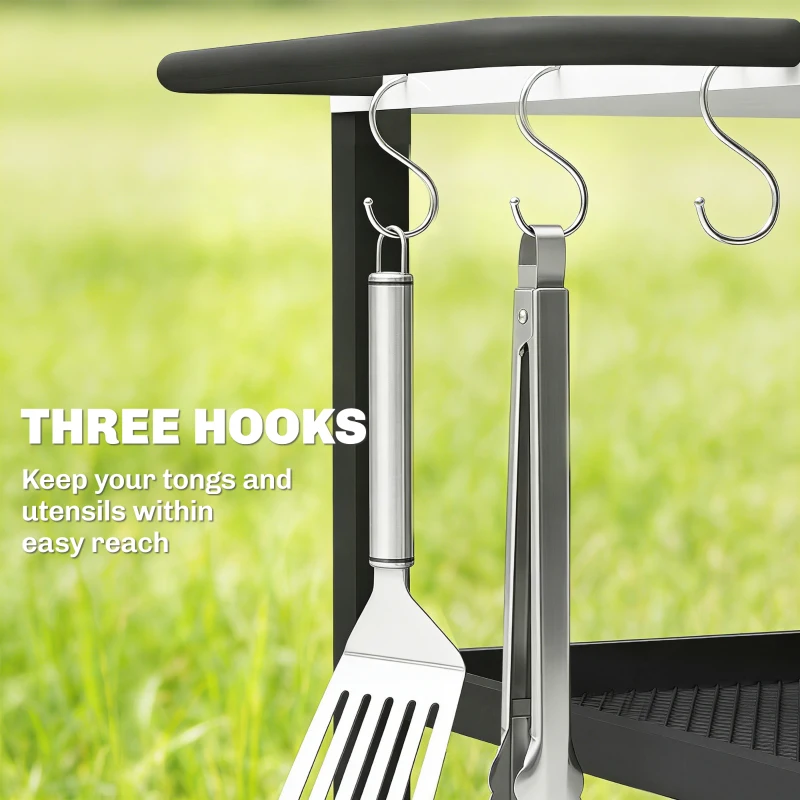 3-Tier BBQ Cart with Wheels, Brake & Stainless Steel Top - Image 2