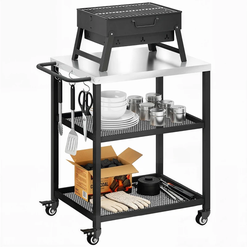 3-Tier BBQ Cart with Wheels, Brake & Stainless Steel Top - Image 3