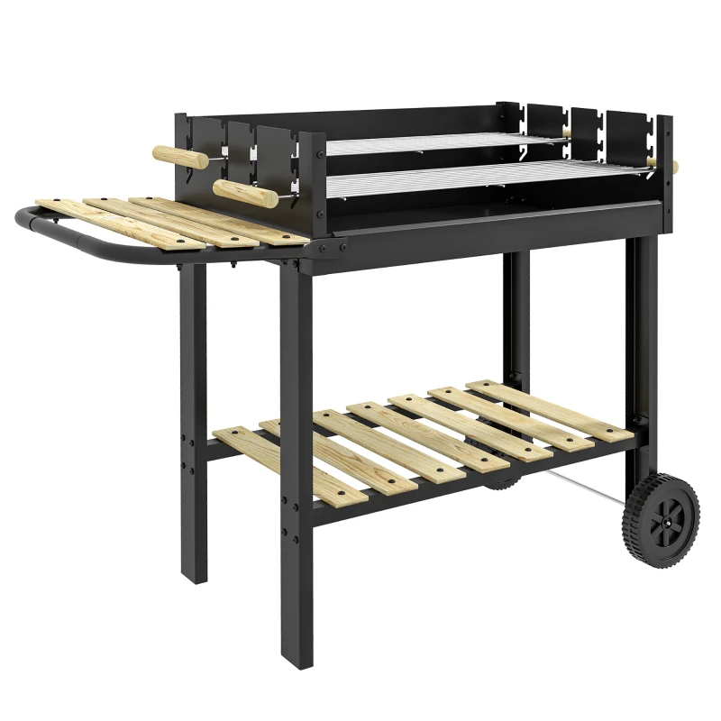 Charcoal BBQ Grill Trolley with Double Grates, Side Table & Wheels