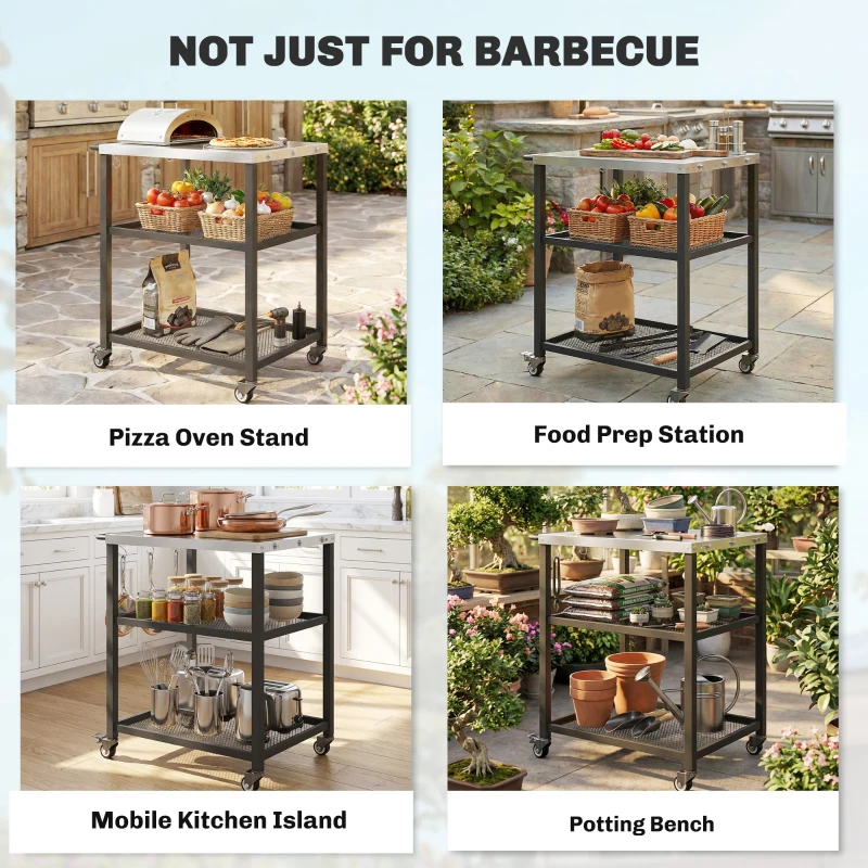 3-Tier BBQ Cart with Wheels, Brake & Stainless Steel Top - Image 7