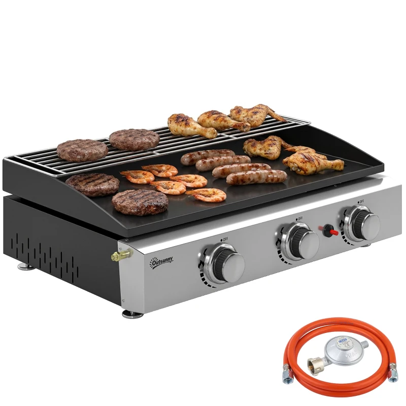 Portable Gas Grill 7.5kW with 3 Burners, Ceramic Grill Plate & Warming Rack - Image 4