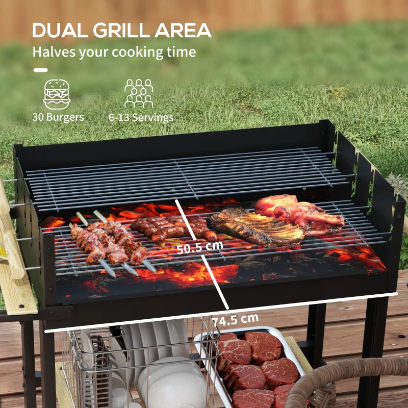 Charcoal BBQ Grill Trolley with Double Grates, Side Table & Wheels - Image 8
