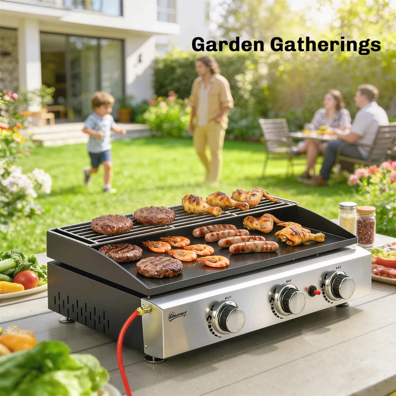 Portable Gas Grill 7.5kW with 3 Burners, Ceramic Grill Plate & Warming Rack - Image 6