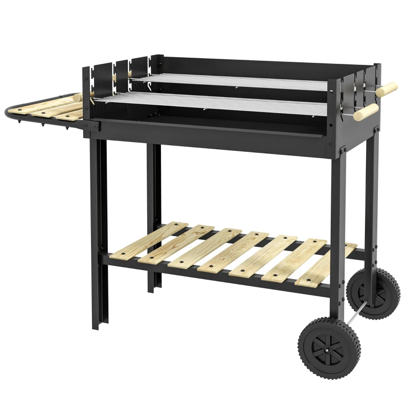 Charcoal BBQ Grill Trolley with Double Grates, Side Table & Wheels - Image 9
