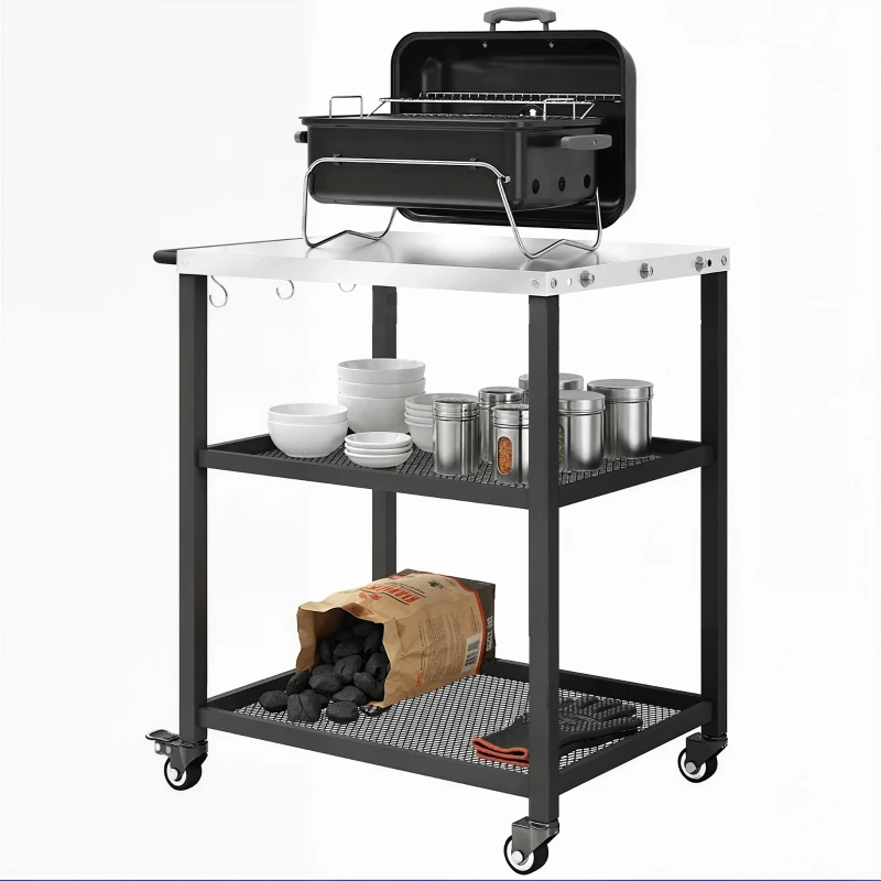 3-Tier BBQ Cart with Wheels, Brake & Stainless Steel Top - Image 4