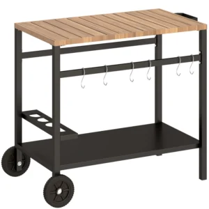 BBQ Cart Side Table with Wheels, Hooks & Drink Holder