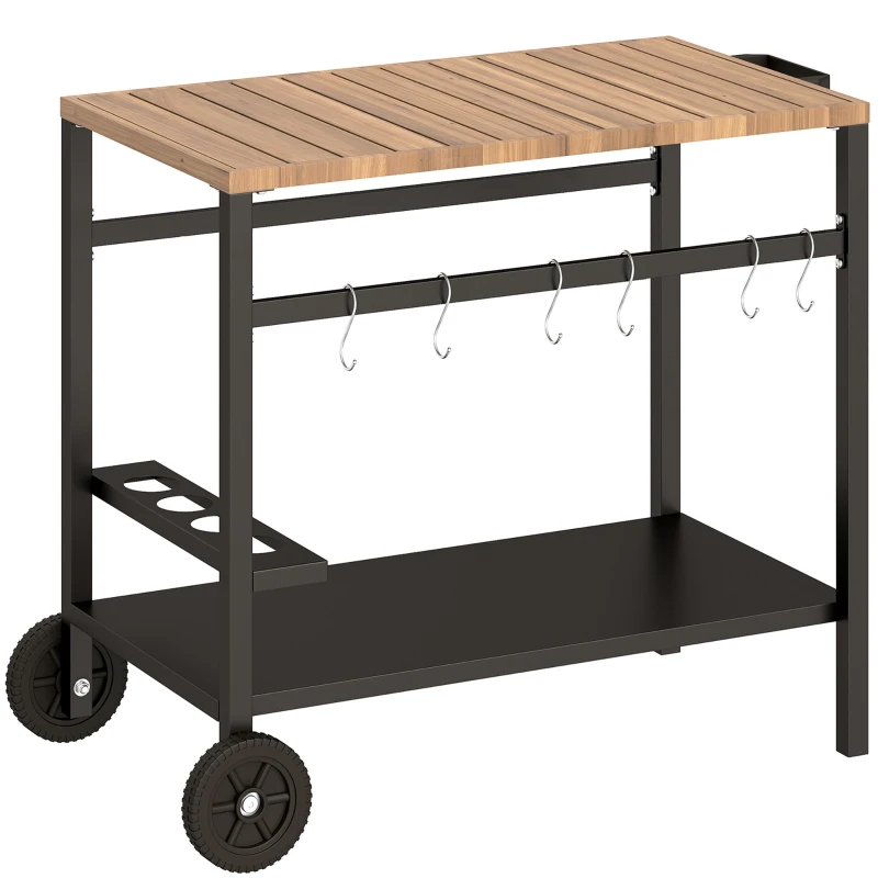 BBQ Cart Side Table with Wheels, Hooks & Drink Holder