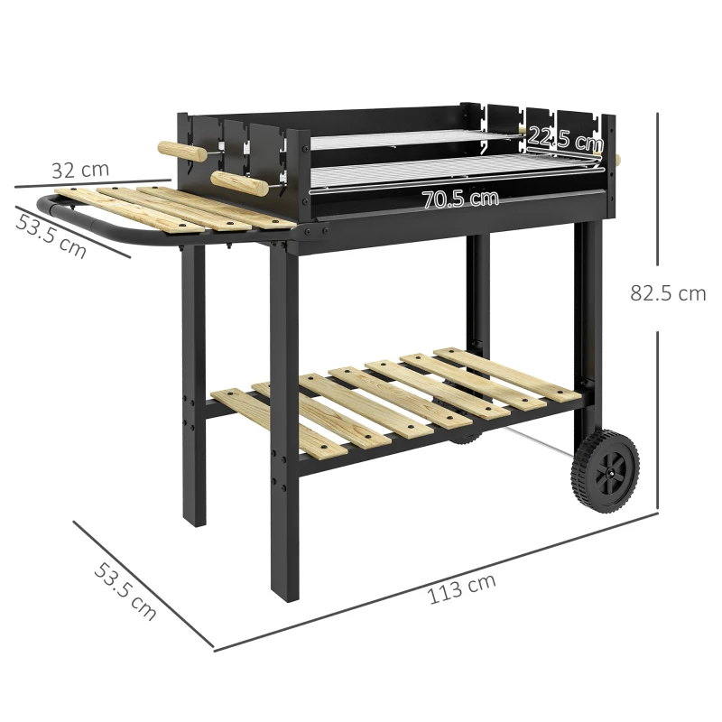 Charcoal BBQ Grill Trolley with Double Grates, Side Table & Wheels - Image 11