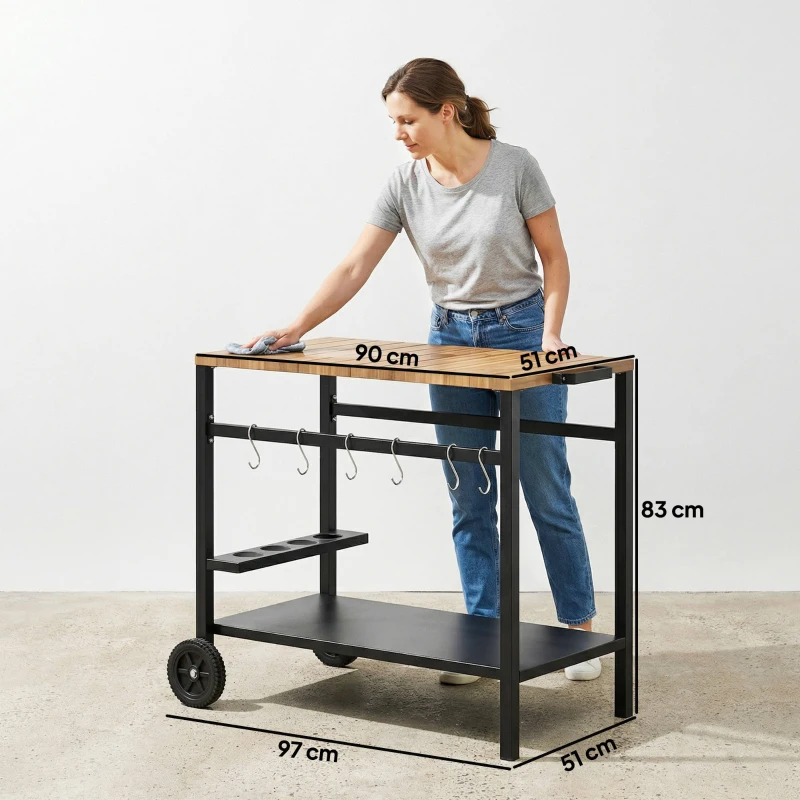 BBQ Cart Side Table with Wheels, Hooks & Drink Holder - Image 2