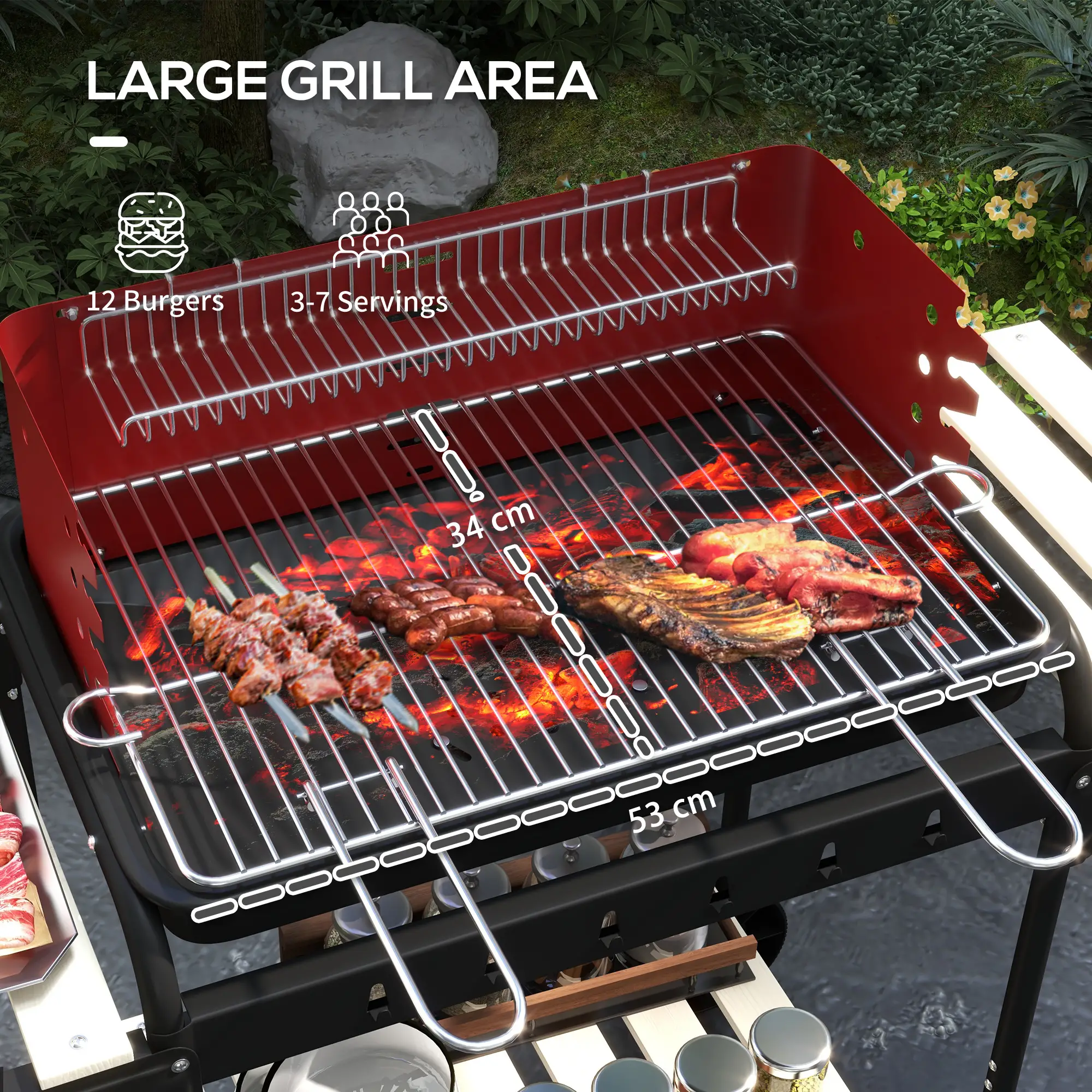 Red Charcoal BBQ with Adjustable Grill Grate - Image 5