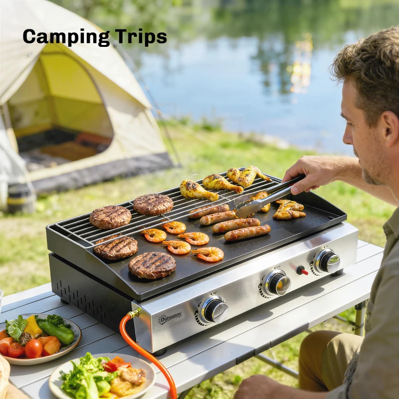 Portable Gas Grill 7.5kW with 3 Burners, Ceramic Grill Plate & Warming Rack - Image 3