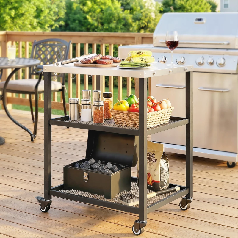 3-Tier BBQ Cart with Wheels, Brake & Stainless Steel Top - Image 6