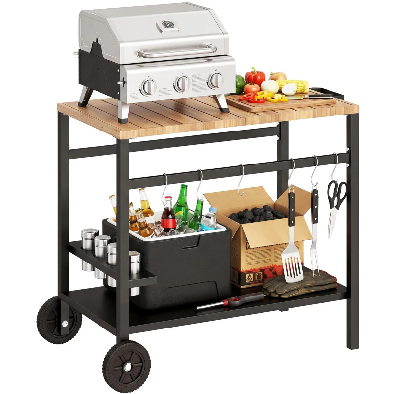 BBQ Cart Side Table with Wheels, Hooks & Drink Holder - Image 3