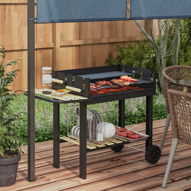 Charcoal BBQ Grill Trolley with Double Grates, Side Table & Wheels - Image 7