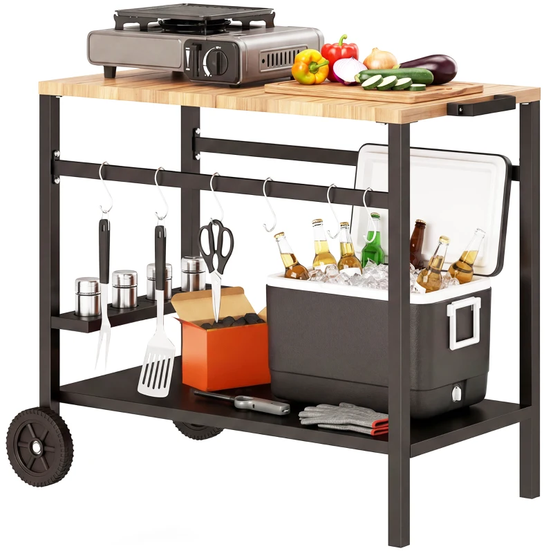 BBQ Cart Side Table with Wheels, Hooks & Drink Holder - Image 4