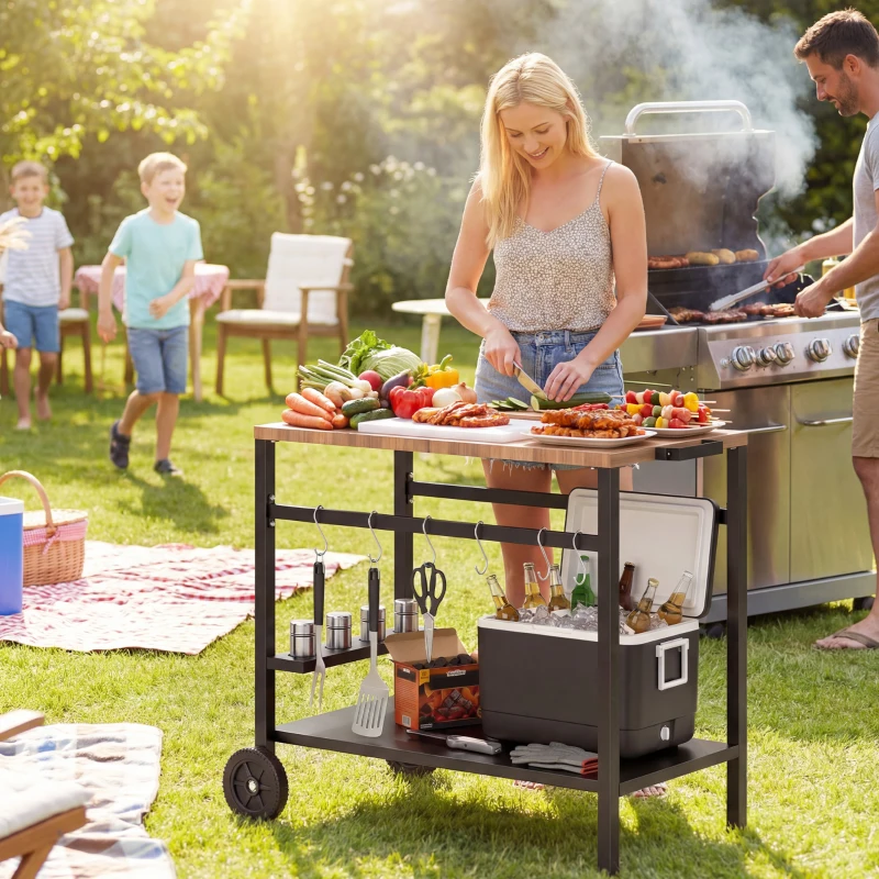 BBQ Cart Side Table with Wheels, Hooks & Drink Holder - Image 5