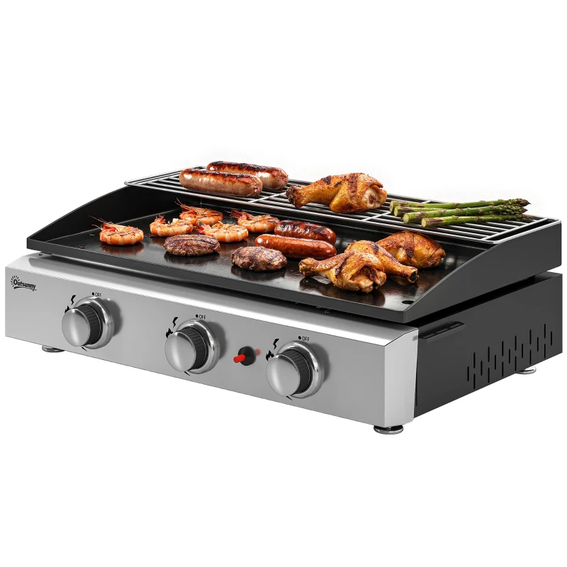 Portable Gas Grill 7.5kW with 3 Burners, Ceramic Grill Plate & Warming Rack