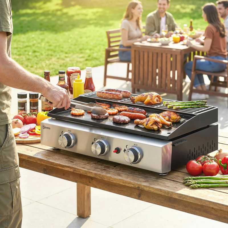 Portable Gas Grill 7.5kW with 3 Burners, Ceramic Grill Plate & Warming Rack - Image 7