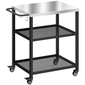 3-Tier BBQ Cart with Wheels, Brake & Stainless Steel Top